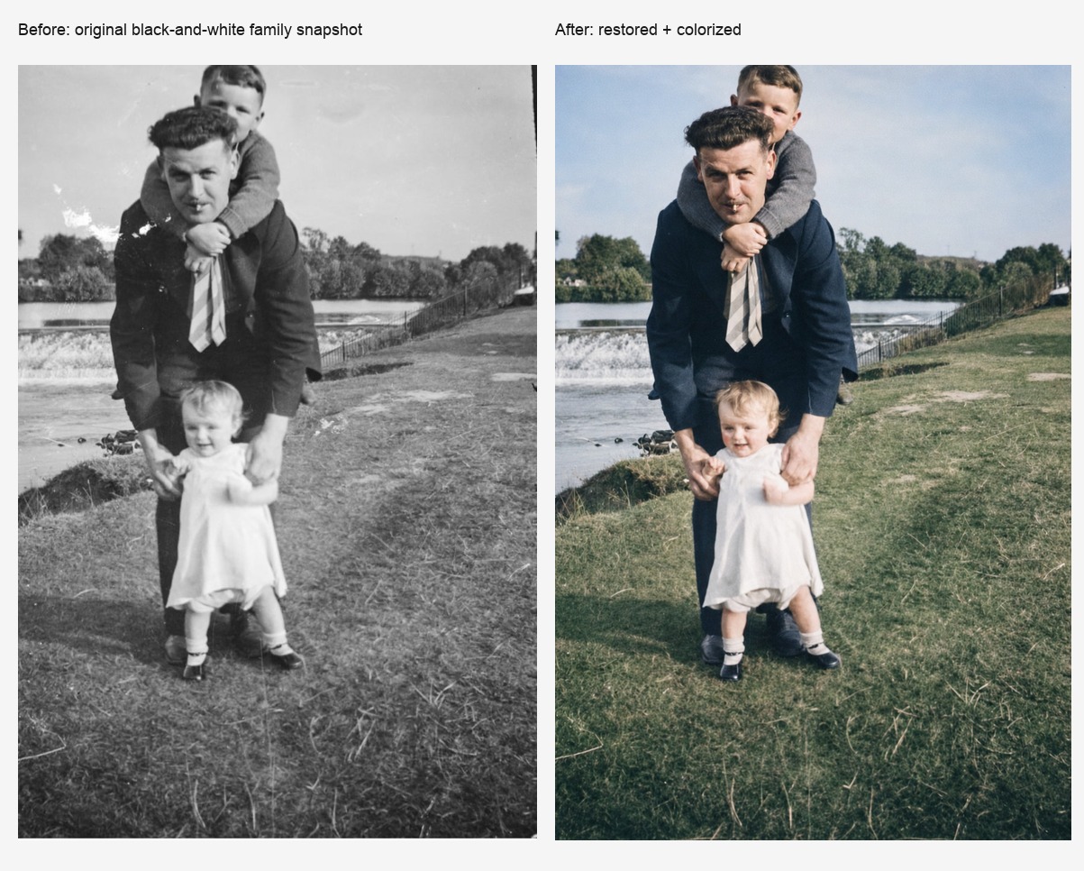 Family riverside snapshot before and after old photo restoration and colorization example